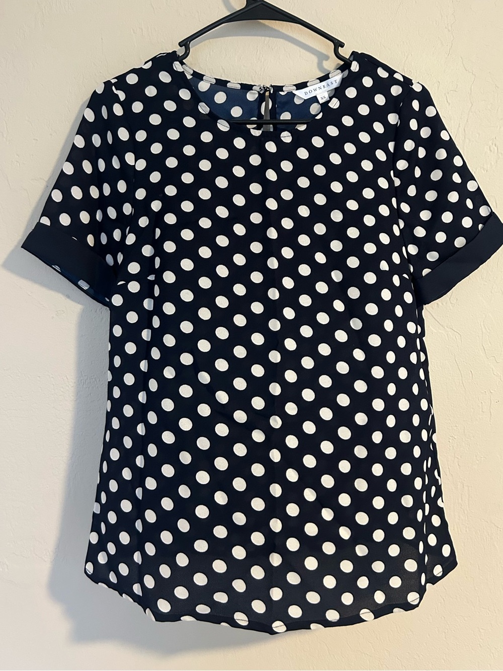 Womens DownEast Dark Blue White Polka dot Crochet Trim Size Xsmall (1894)